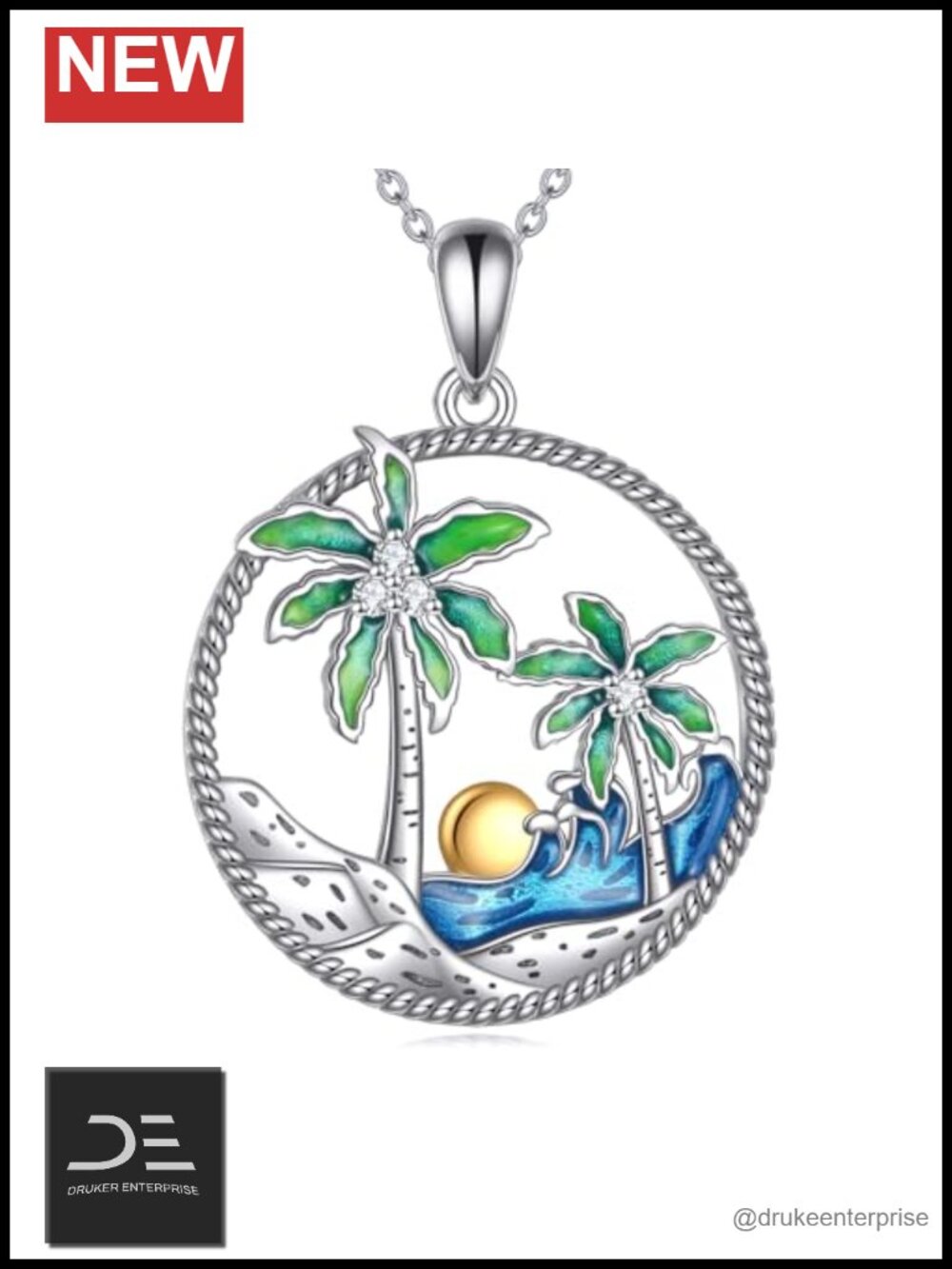 Sterling Silver Lab Grown Diamond Palm Tree Pendant Necklace 18+2 Inch Beach
